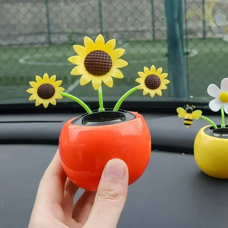 Fleur Dansante à énergie Solaire - Abeille Et Tournesol - Décoration De Bureau, Voiture - Sans Batterie, ABS, 11,9x5,8x14 Cm