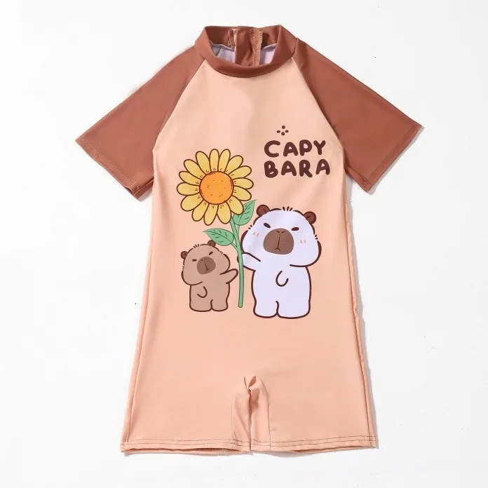 

Детский слитный купальник с коротким рукавом для мальчиков, с мультяшным принтом капибары, консервативный дизайн