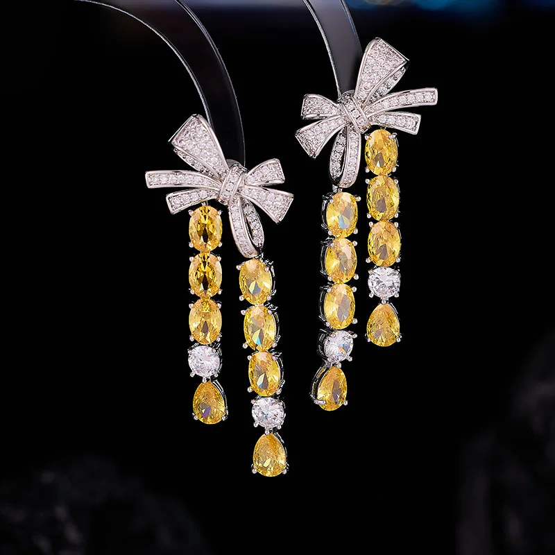 

Новые красочные драгоценные камни с инкрустацией цирконом и бантом с кисточкой S925, серебряные иглы, длинные элегантные роскошные серьги высокого класса