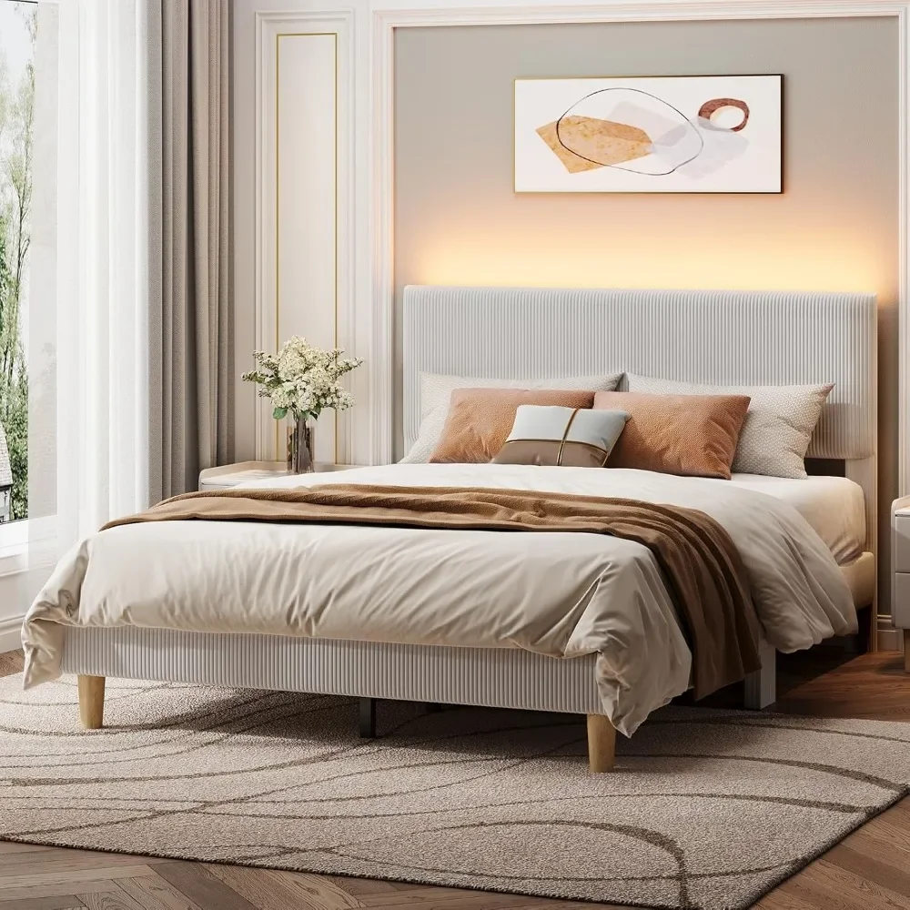 

Bestier Queen Bed Frame with Adjustable Headboard, LED Lighting, Vertical Channel Tufted Corduroy Upholstered, Solid Wooden Slat