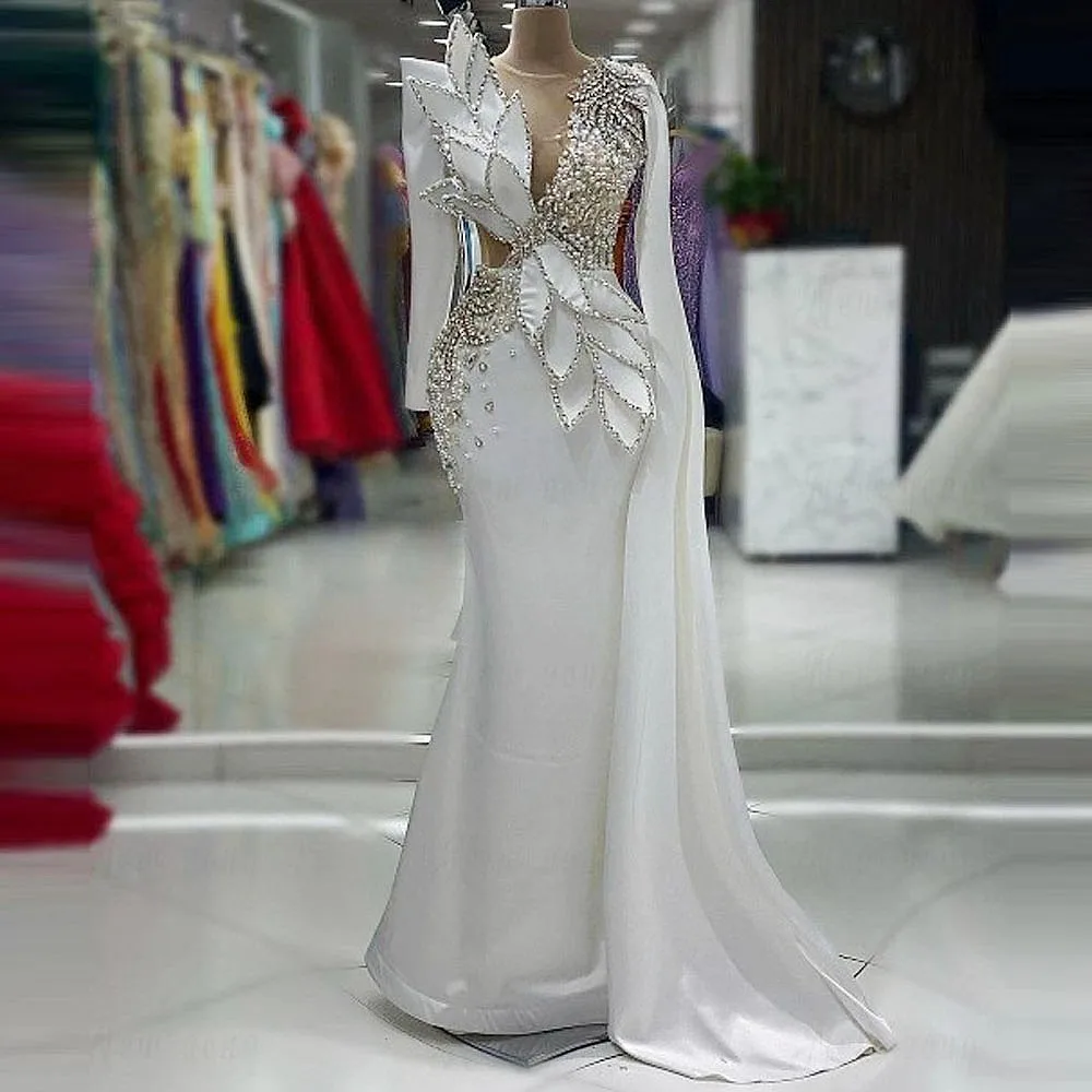 

Major Beads Mermaid Prom Dresses Sheer Scoop Longer Sleeves Evening Dress Satin Long Special Occasion Gowns