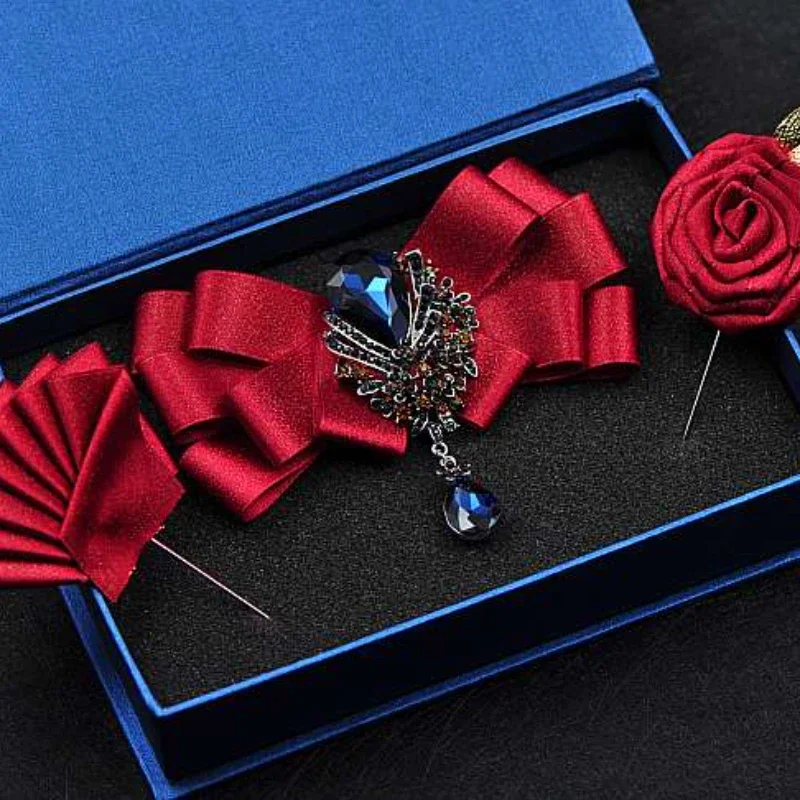 

Blue Rhinestones Wedding Bow Tie Men's Concert Accessories Women's Suit Shirt Collar Flower Corsage Sets Luxury Handmade Jewelry