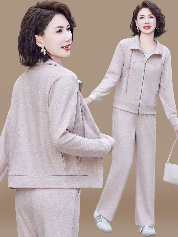 

Ele Autumn Sportswear Set for Middle-Aged Women Casual Loose Fit Long Pants Zipper Closure Neline Polyester Blend