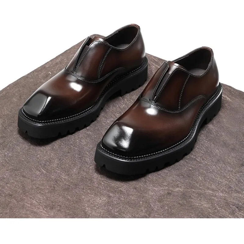 

British Business Formal Leather Shoes Men Slip on Square Toe Derby Genuine Leather Height Increasing Breathable Men Shoes