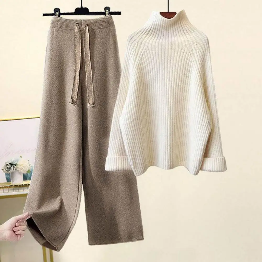 Autumn Winter Warm Knitted Suit Women Long Sleeve Half Turtleneck Knitting Sweater And Wide Leg Pants Sets Outer Wear Loose Set