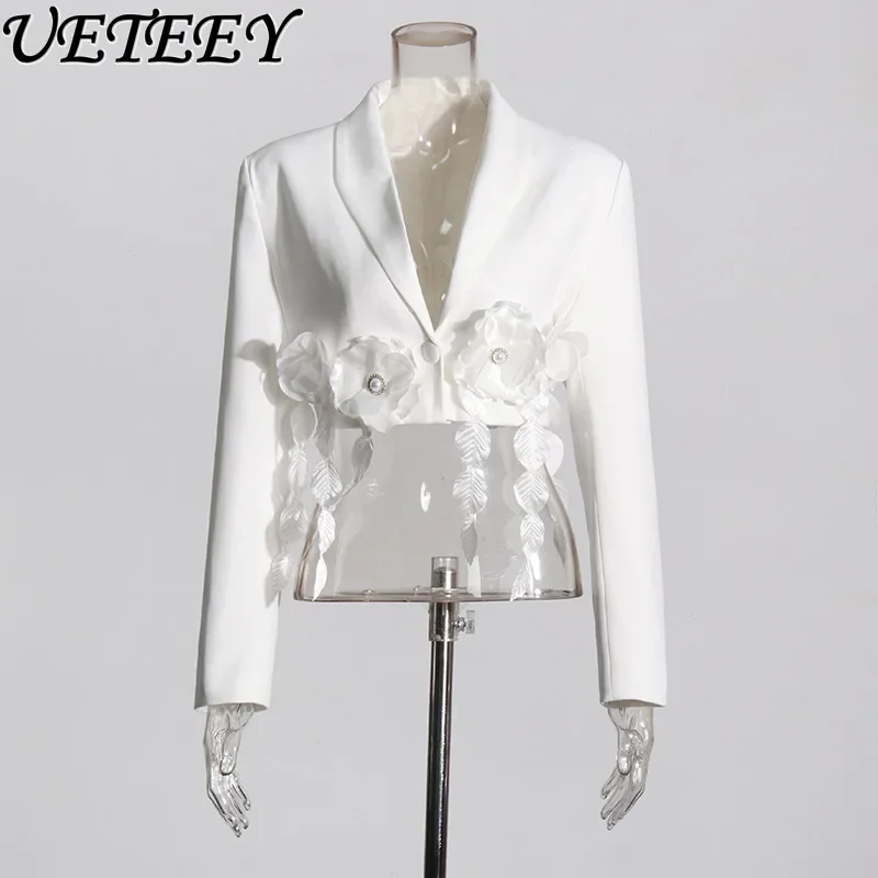 Niche French Celebrity Three-dimensional Flowers Design Sense Chic Elegant Suit Jacket Femininity Commuter Short Suit White Coat