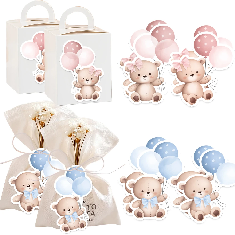 50 sztuk balon niedźwiedź naklejki papierowe wiszące etykiety na Baby Shower dzieci niedźwiedź urodziny zaopatrzenie DIY prezenty dekoracja opakowania