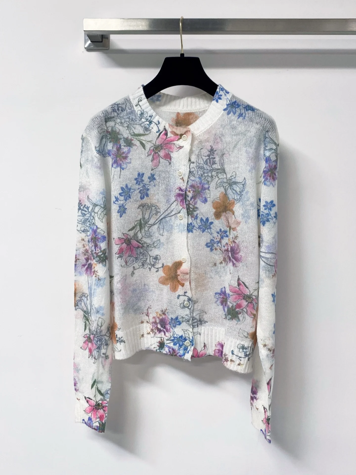 Womens Knitted Floral Long Sleeve Button Top