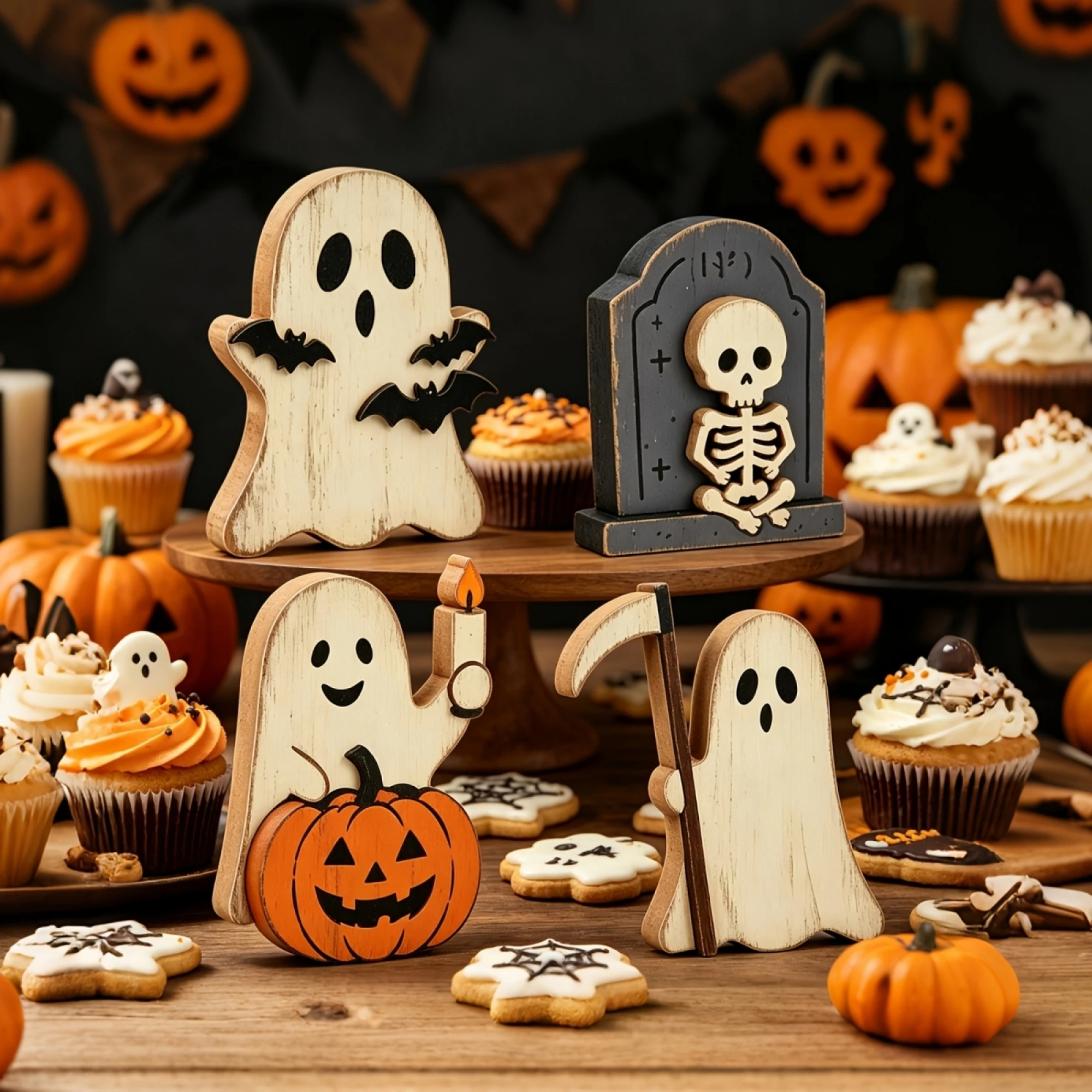 Pack Halloween Spooky Wooden Wooden Tray-Decor-4 Mini Ghost Tiered Tray Premium Pack Halloween Halloween Tiered Tray