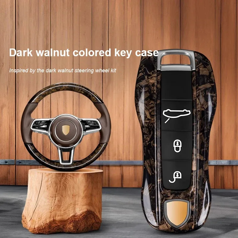 For Porsche Cayenne Panamera Macan 718 Cayman Boxster 911 Taycan Dark Walnut Wood Texture Key Case Protective Shell Fob Cover