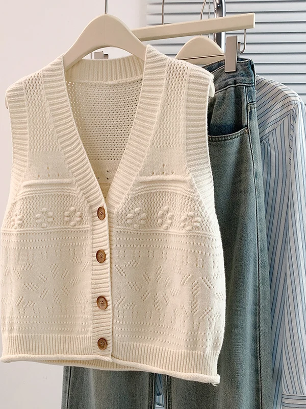 

Women's Wool Knitted Vest Autumn Outerwear Single Button V-ne ort Length Pure Color Versatile Sle Small Size Layering S...