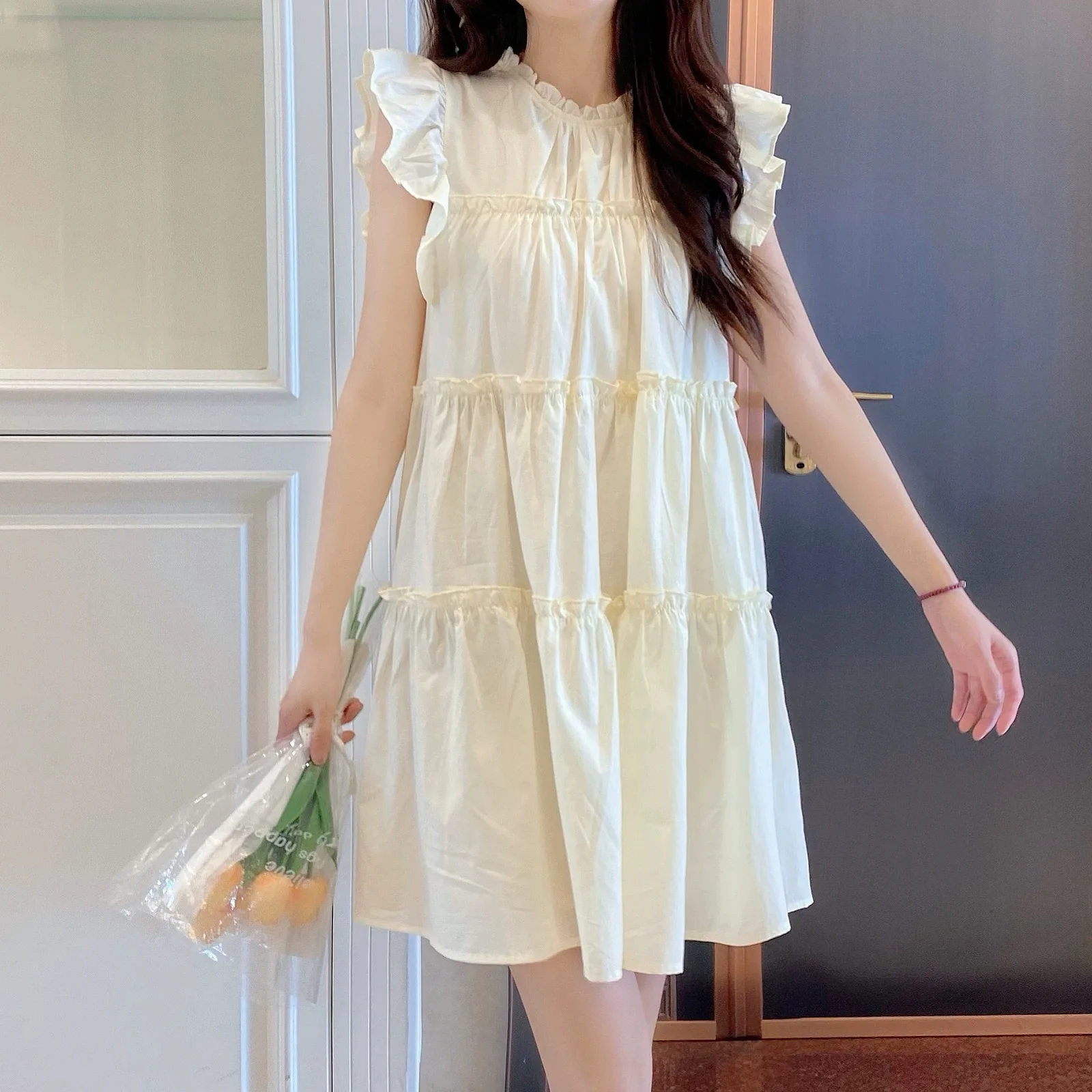 

Summer Sweet Ruffles Flying Sleeves Mini Dress Solid A Line Sleeveless Gentle Wind Dresses Korean Fashion Chic Pullover Women