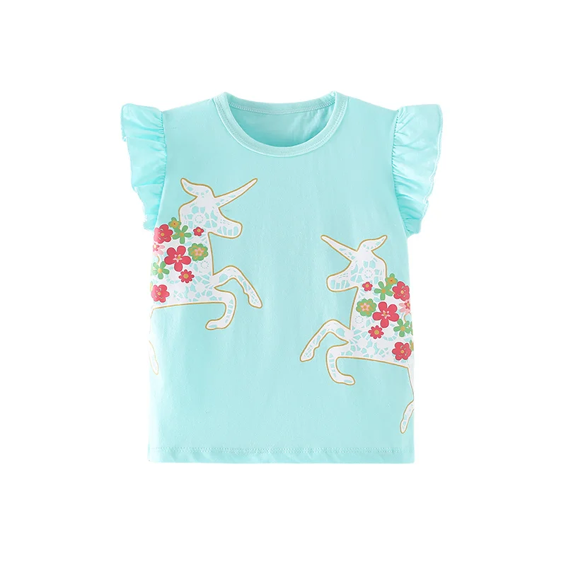 Meter springen Nieuwe collectie Eenhoorn Hot Selling Streep Meisjes T-shirts Zomer Kinderkleding Tops Tees Kostuum Baby