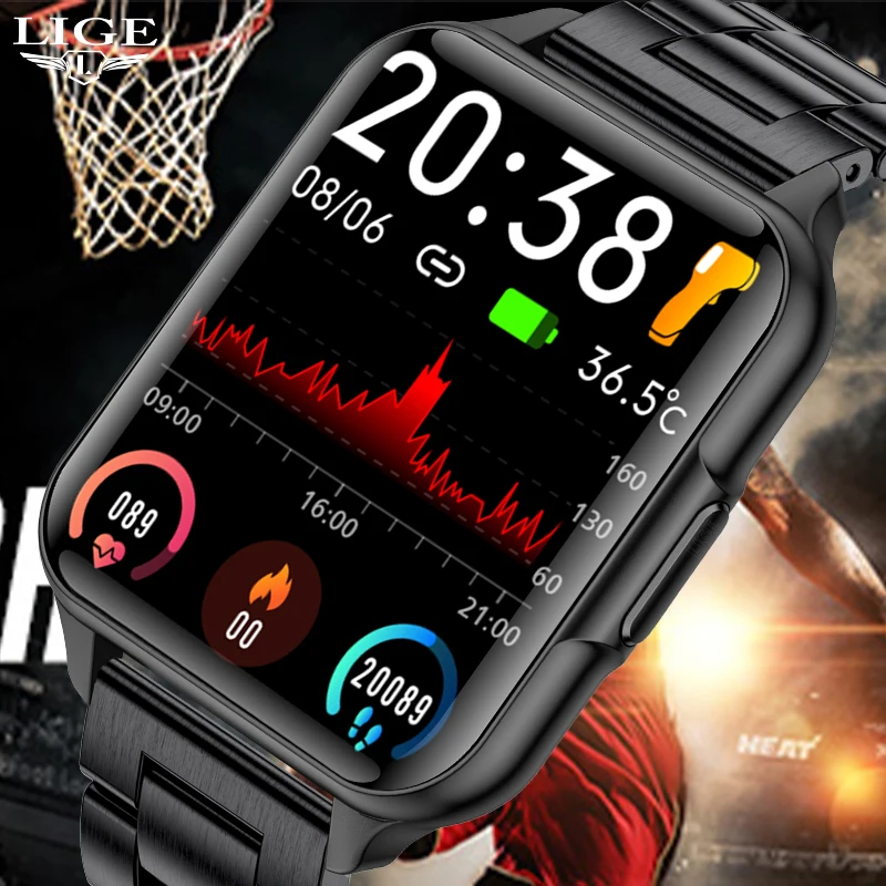 LIGE Smart Watch Men Heart Rate Body Temperature Blood Oxygen Flashlight Custom Watch Full Face IP68 Waterproof Smartwatch Man