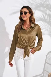 Women Satin Blouses Turn Soft Down Collar Shirts Office Lady Long Sleeve Casual Blouse Loose OL Shirt Baggy Tops Blusas 2024