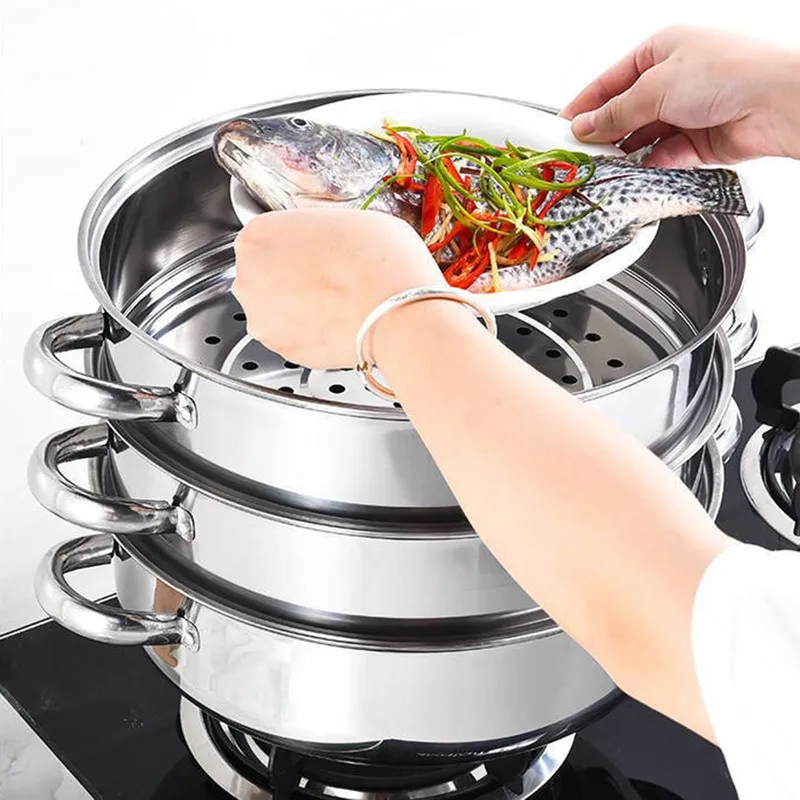 

3 Tier Stainless Steel Steamer Cooker 11Inch Diameter Steamer Cookware Pot Sauce Pot Multi-layer Boiler 28cm Steaming Cookware