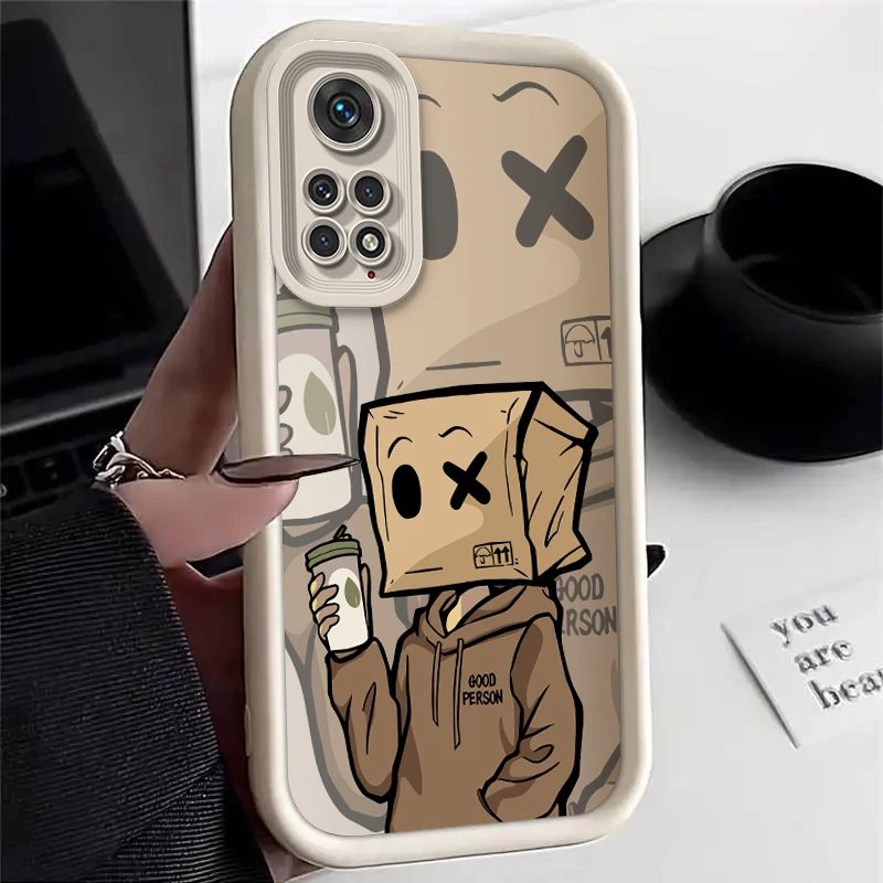 Note11 Cartoon Box Man Silicone Case For Xiaomi Redmi Note 10 10S 11 11S 7S 8 9 9S Pro Max 4G 5G Redmi 9A 9AT 9T 9C Square Cover