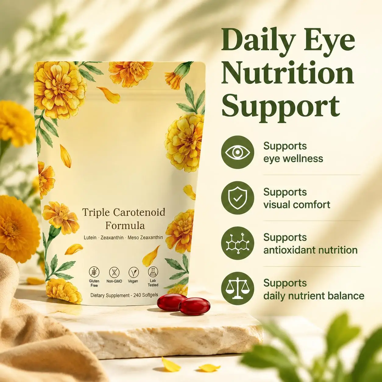 Triple Carotenoid Complex Softgels, Lutein Zeaxanthin Meso-Zeaxanthin, Eye Health & Blue Light Support for Screen Users, 240 CT