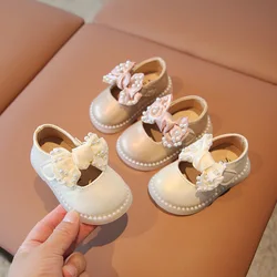 Baby Girls Leather Shoes Soft Soled Big Bow Low Cute Heel Flower Wedding Party Dress Shoes Princes Kids Toddler PU Leather Shoes