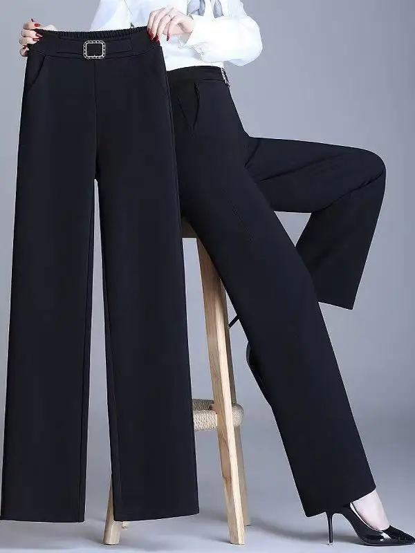 

Брюки-клеш с высокой талией женские, брендовые, синие, стройнящие, весна-осень, большие размеры, универсальные, драпирующиеся, удлиняющие ноги, костюмные брюки