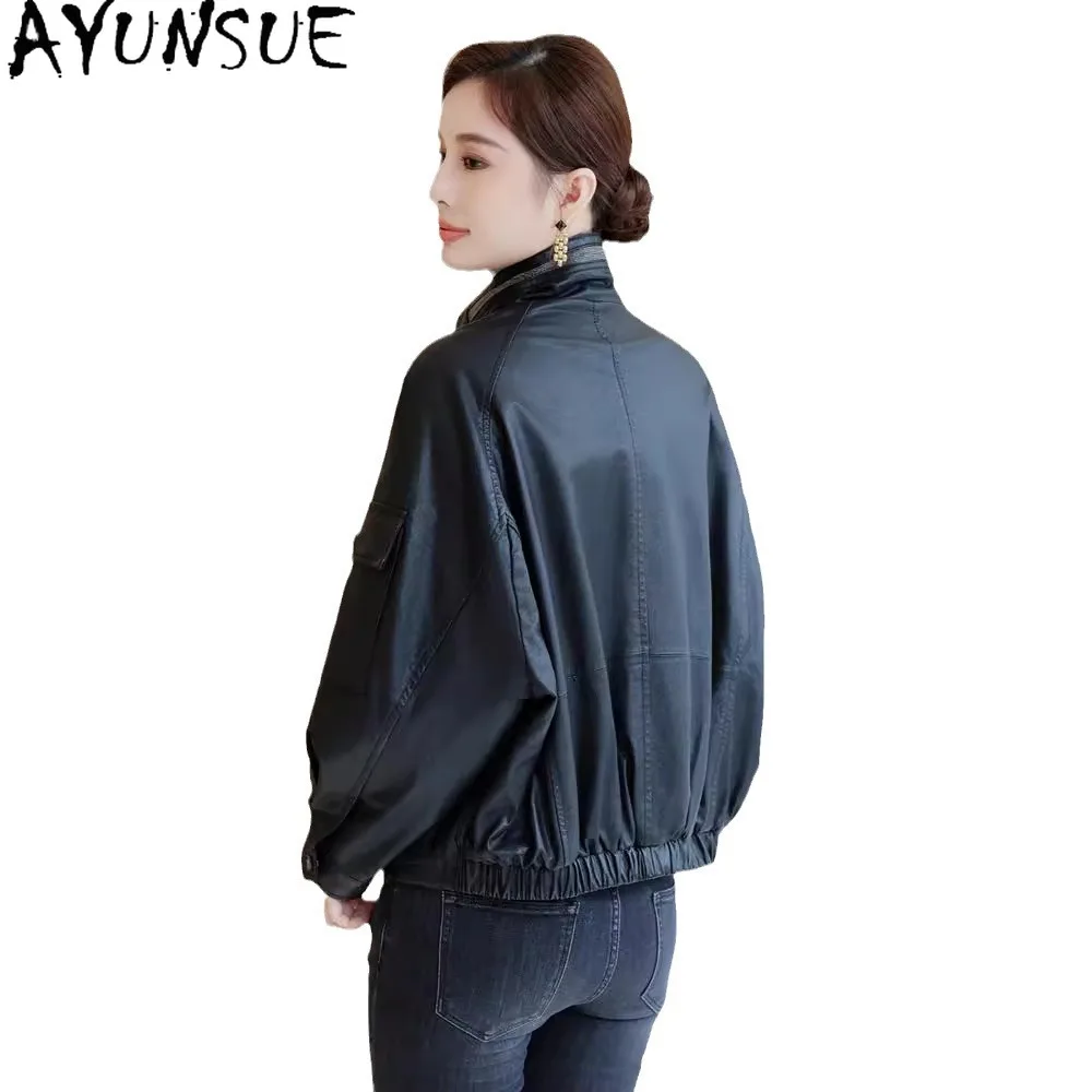AYUNSUE Giacca in vera pelle da donna 2025 100% pelle di pecora Cappotti da donna Giacche da moto Primavera Autunno Abiti Vestibilità ampia
