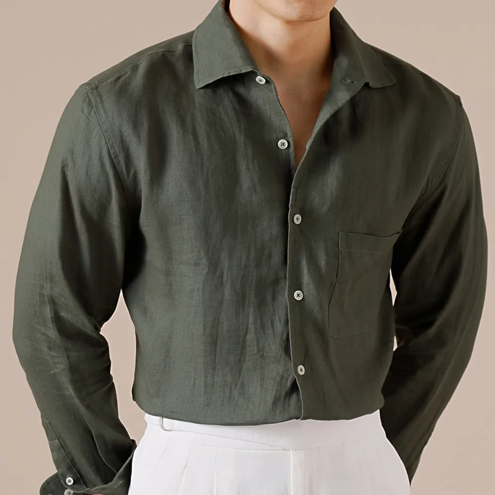 Italian Style 100% Linen Shirt Men's Casual Business Solid Color Commuting Breathable Spring And Autumn Camisa Social Masculina