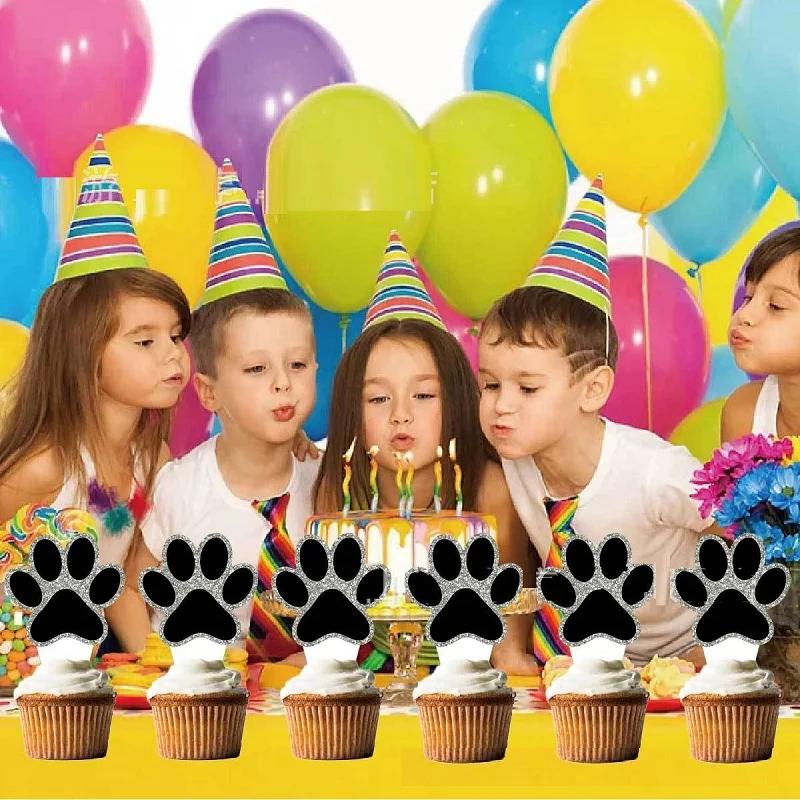 Pet Theme Dog Cake Toppers,Kids Birthday Party Cake Decoration Set, Dog Paw Cake Inserts,12pcs