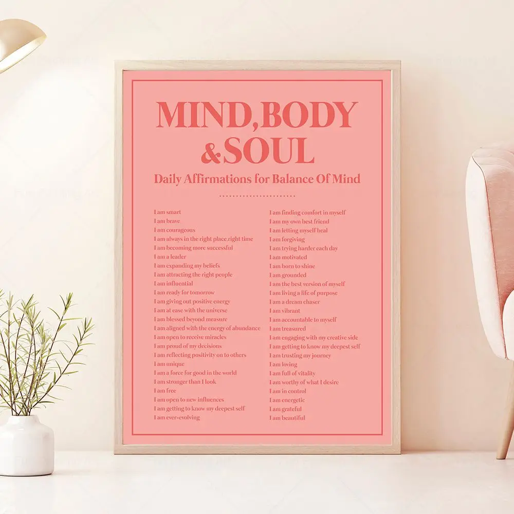 Pink Orange Body Mind & Soul Positive Affirmations Quote Wall Art Canvas Posters and Prints Painting Picture Living Room Decor