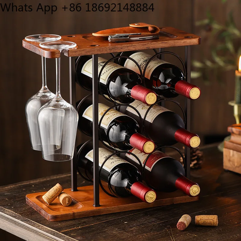 Creative American metal wood bottom red wine glass upside down rack, restaurant bar wine rack ornament