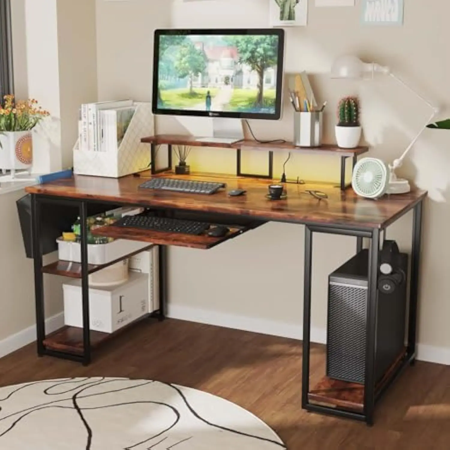 

Стол для домашнего офиса с подставками для монитора и полкой для хранения, деревянный стол 45 avana nne статья со светодиодной подсветкой и розеткой, подвесная для документов P