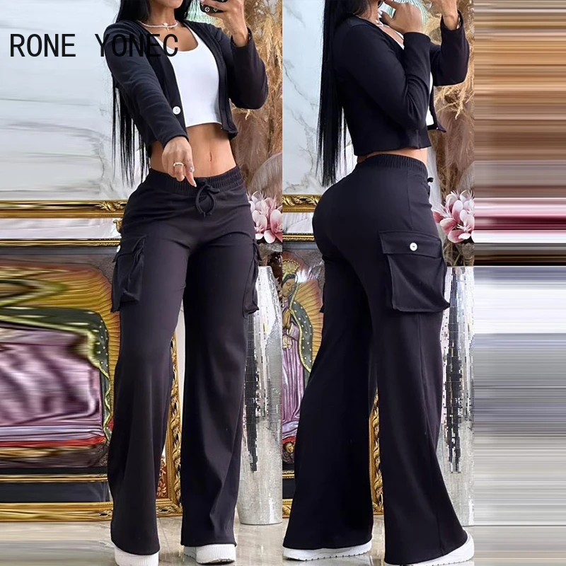 Women Long Sleeves Solid Crop Top & Bottoms Multi Pocket One Button Spring&autumn Pants Set