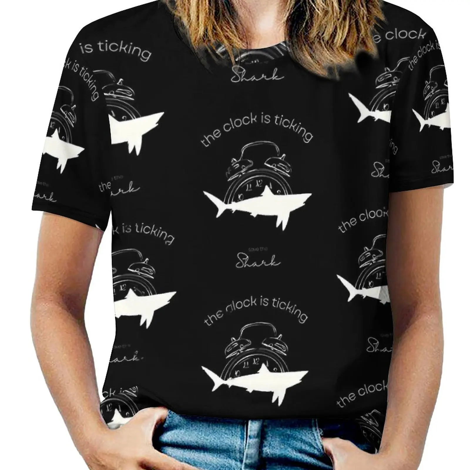 Save The Sharks T-Shirt The Clock Is Ticking Aesthetic T-Shirts Short-Sleeve Street Style Tee Shirt Summer Clothes Large Size