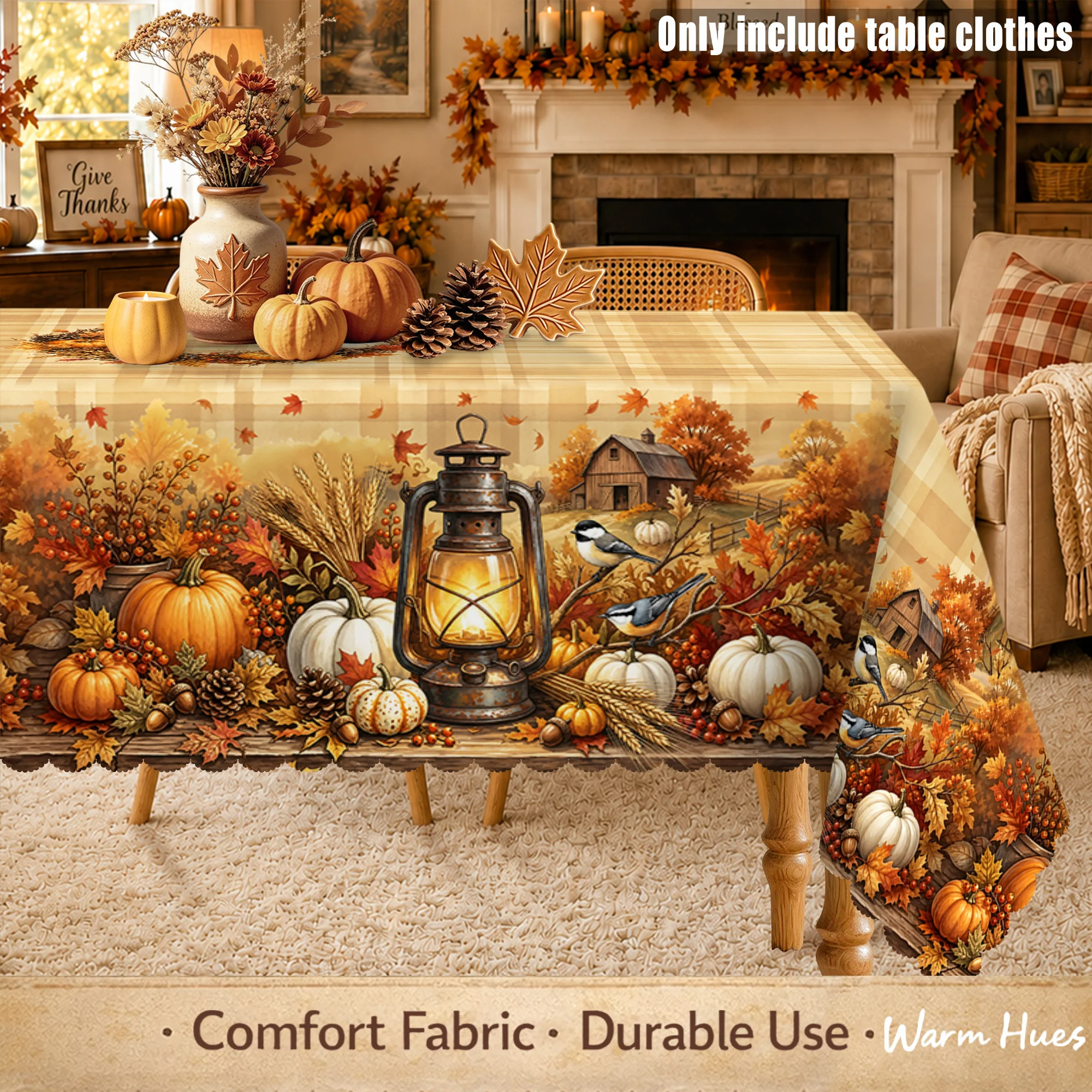 One vintage autumn harvest tablecloth with pumpkin, maple leaf, lantern, pinecone and bird prints, buffalo check pattern.