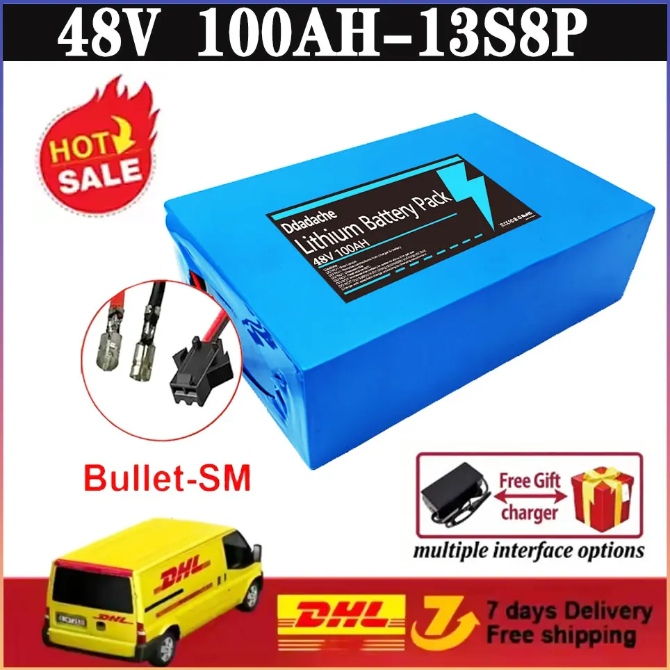 48V 100ah 13s8p lithium-ion batterijpakket 48V 10000mAh 2000W elektrische batterij, ingebouwde 50A BMS+oplader 18650 batterijpakket