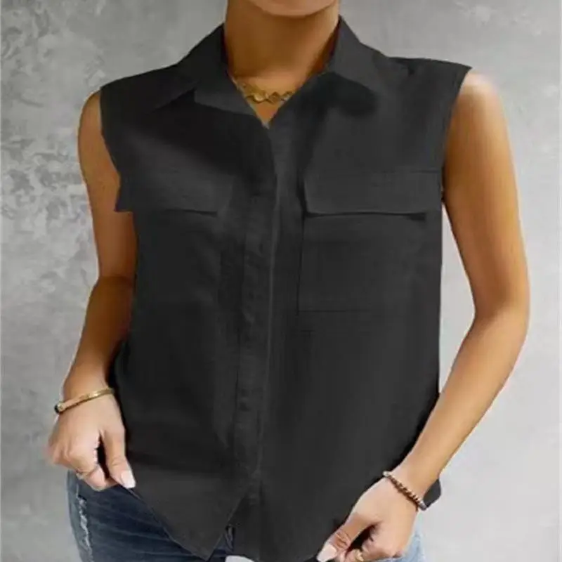 Csa Dupla Fena de Aodão com Gola Lapela, Sem Mangas, para Verão, Espura Regular, Não Deformável, Cor Pura, Proces...