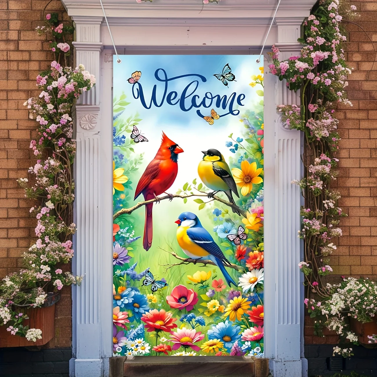 Spring Welcome Door Cover Spring Summer Bird Flower Door Banner Spring Easter Seasonal Welcome Door Decorations for Front Door