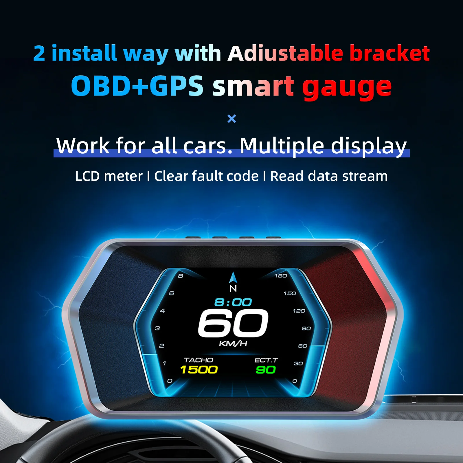 P17 Car HUD OBD2 GPS On-board Computer Head Up Display Digital Speedometer Voltage Gauge With Overspeed Alarm Auto Accessories