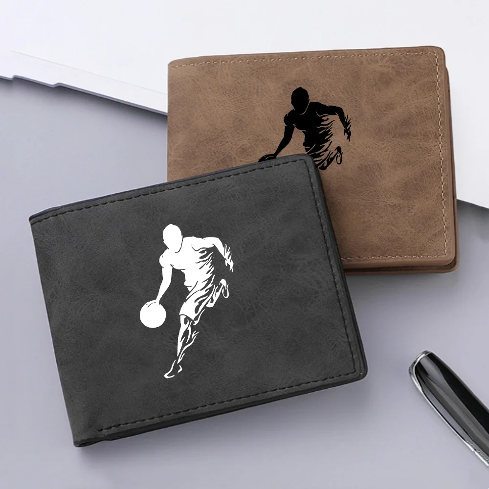 PU Leather Basketball Player Silhouette Print Men Bifold Wallet Multi Card Slots Zipper Coin Purse for Student Boys