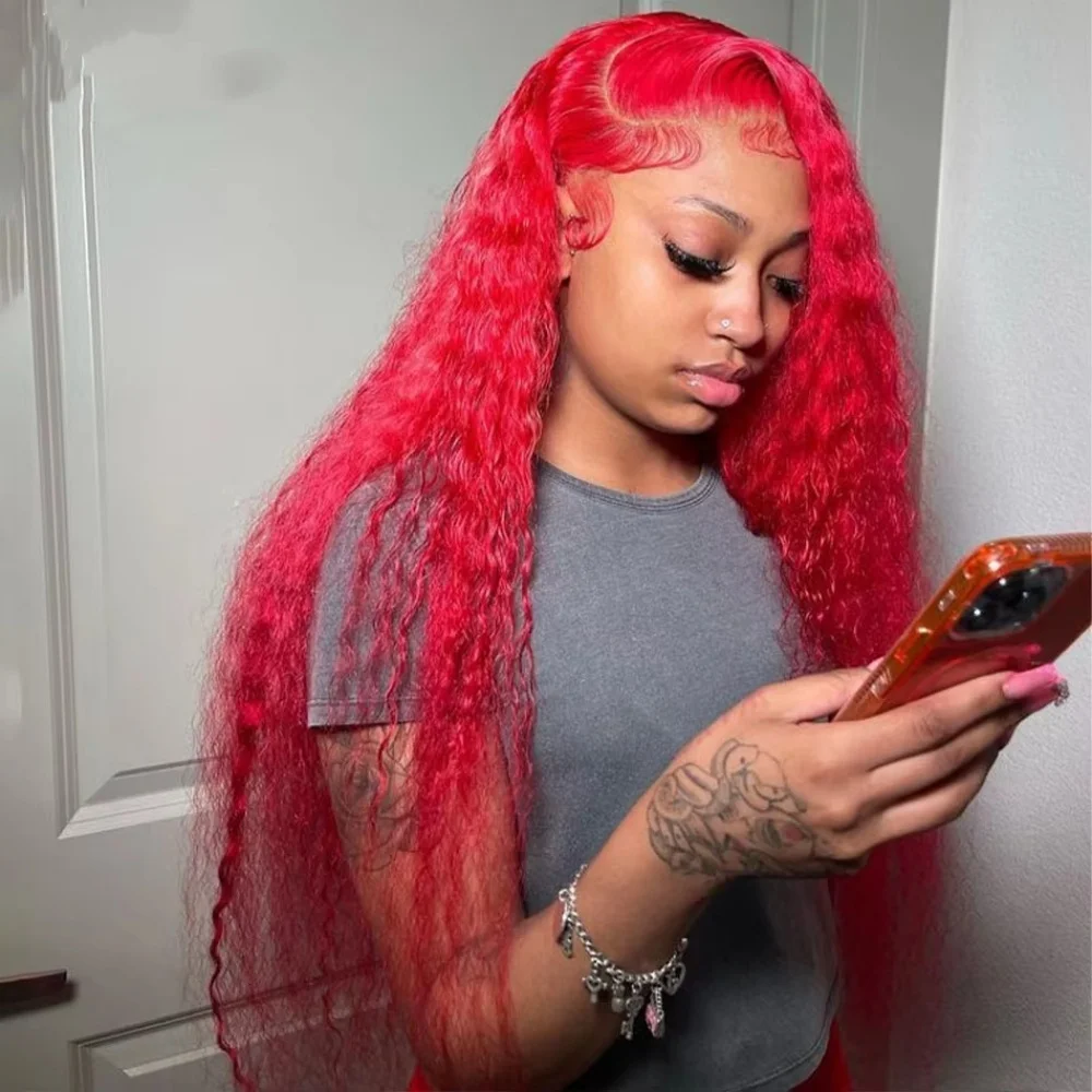 

210% 34 Inch Red Loose Deep Wave 13x6 HD Lace Front Human Hair Wigs 13x4 For Women Remy Hair Transparent Lace Wig