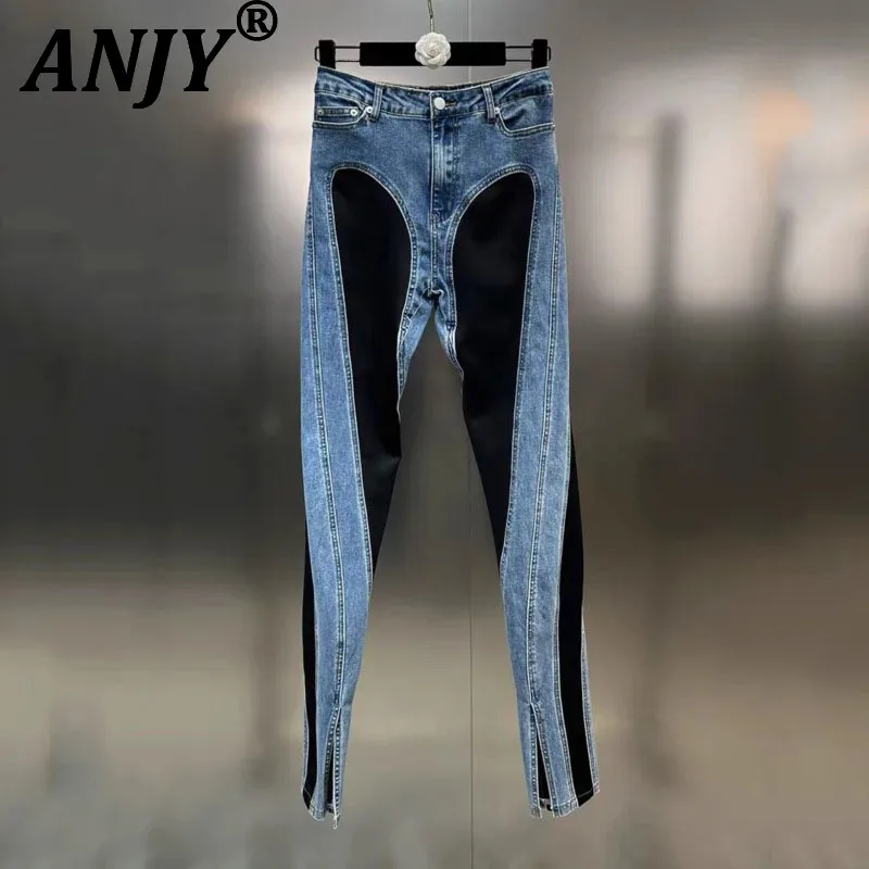 

ANJY Autumn New Women Chic Y2K Streetwear Hip Hop Original Denim Spliced Black Design Pencil Pants Casual Ins Trendy Jeans A7158