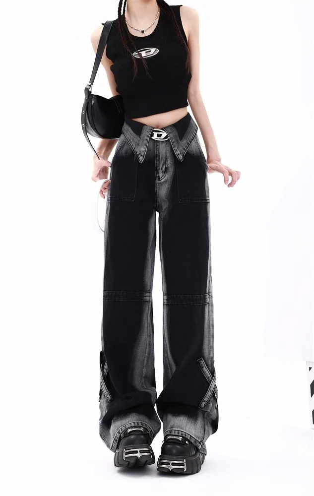High Waist Gradient Color Block Denim Pants Women's Street Style Dopaamine Straight Leg Draping Wide Leg Pants Black Grey