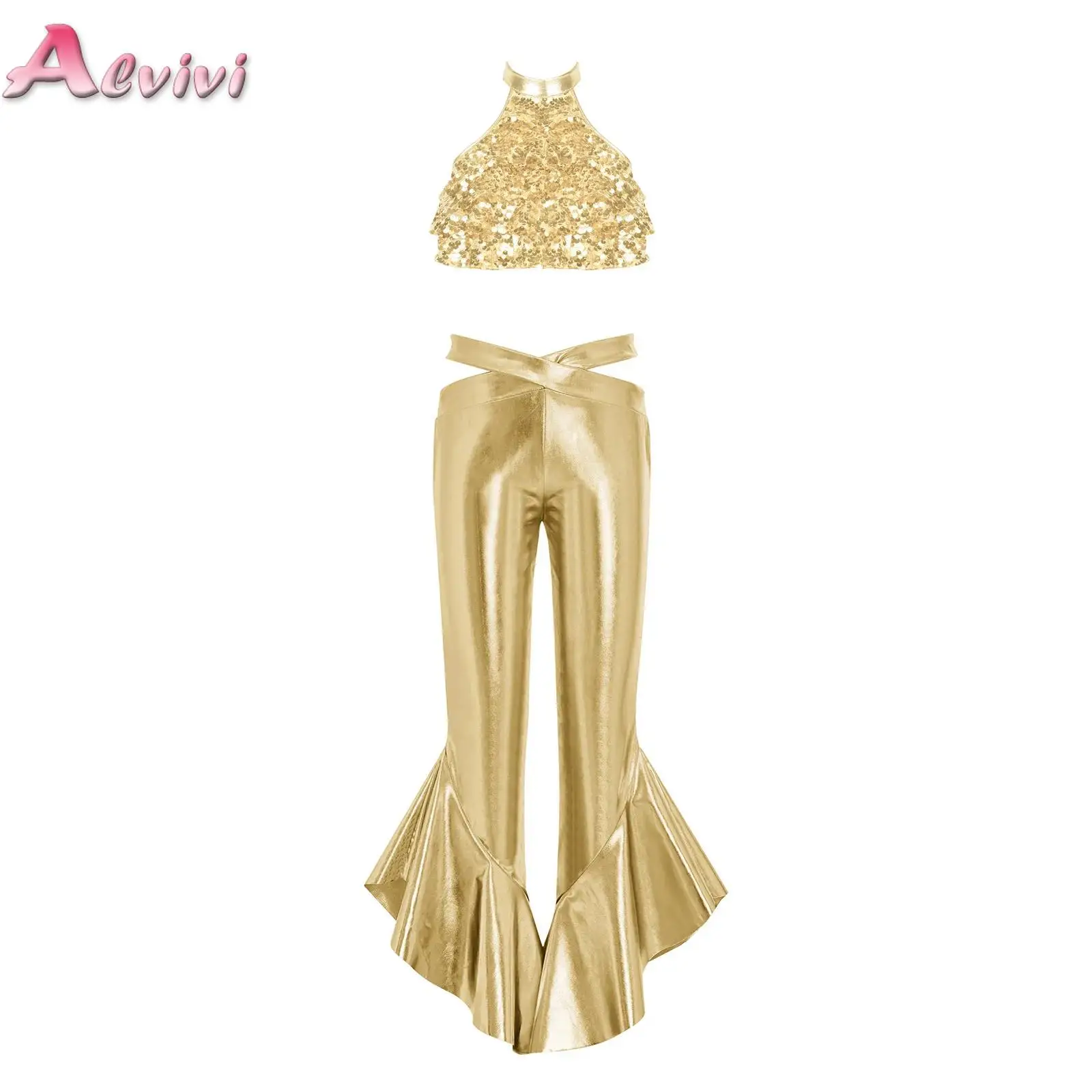 

Kids Girl Hip Hop Jazz Outfits Performance Set Shiny Sequin Tiered Disco Crop Top with Ruffles Flared Pants Cheerleading Costume