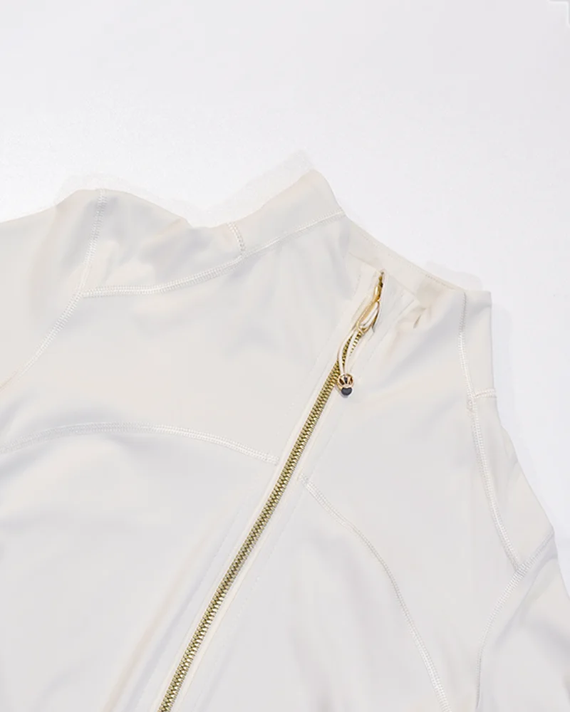 Neue Damen Slim Fit Sportjacke mit Goldreißverschluss, atmungsaktiv, schnelltrocknend, Stehkragen-Stil, Daumenloch-Design, Sportjacke – Detail 7