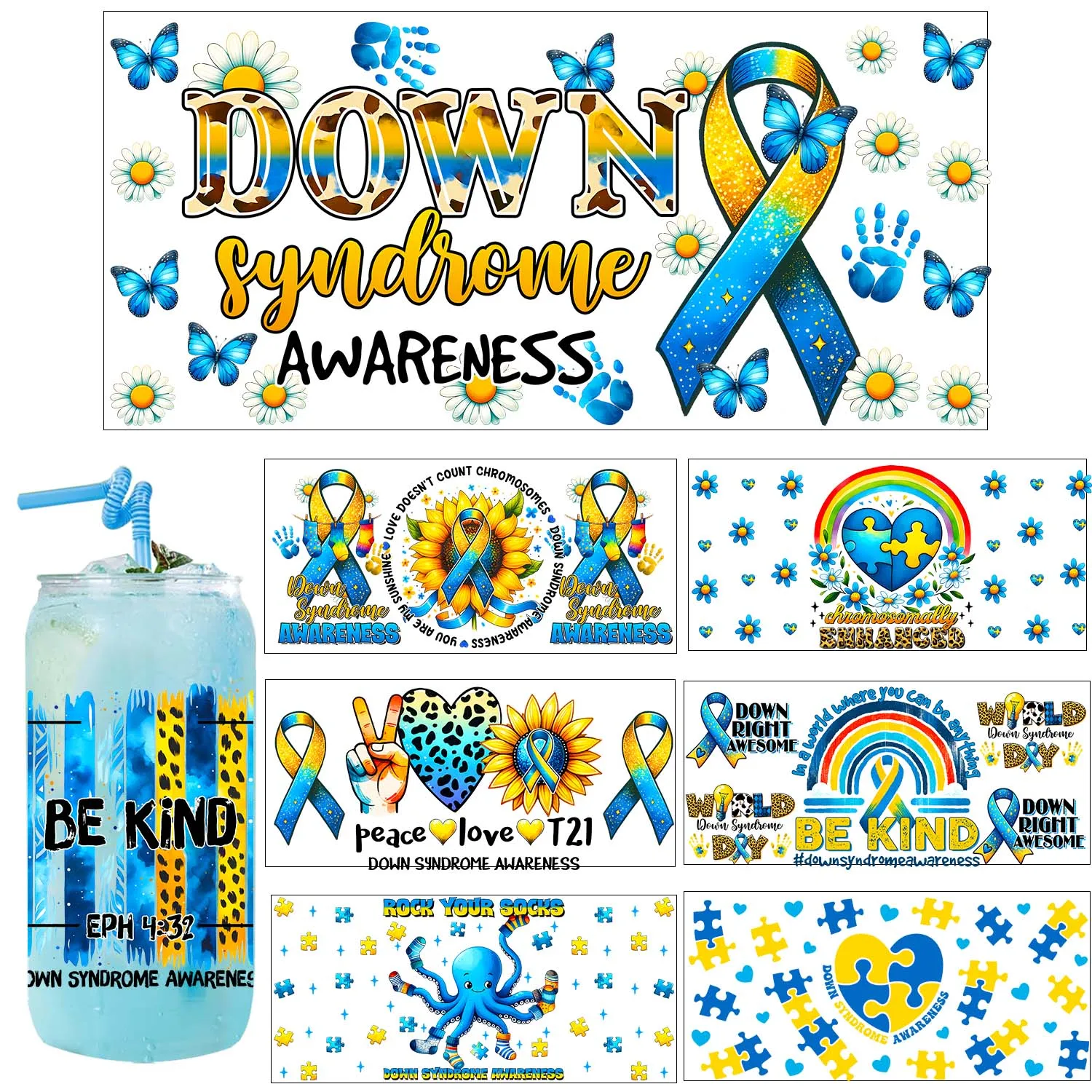Down syndrome AWARENESS Style UV DTF Transfer Sticker DIY Decals 3D transfers uvdtf stickers 16oz uv dtf cup wraps