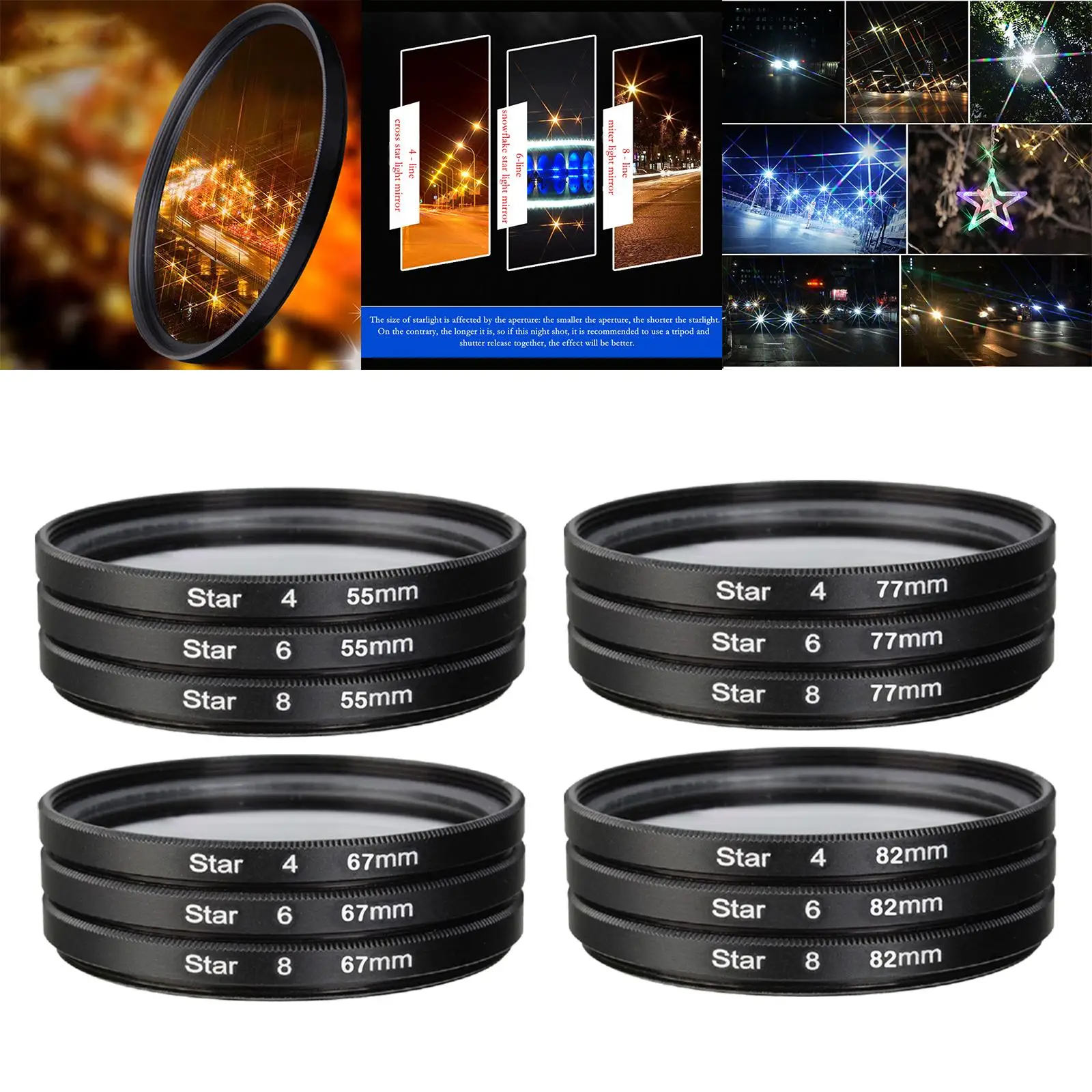 3 Pieces DSLR Camera filter Set, with star 4 6 8 Points Photography Accessories