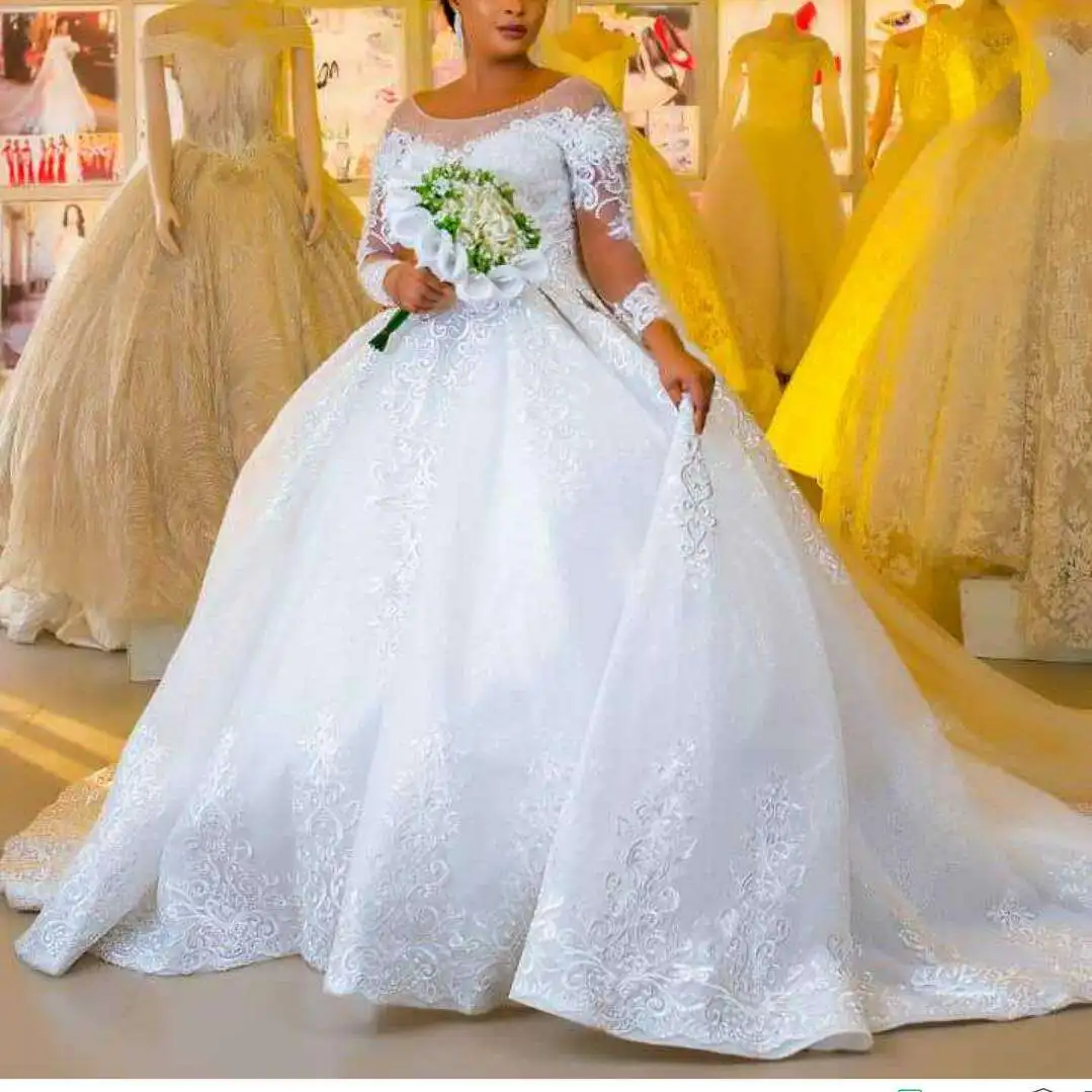 

Sheer Neck Illusion Long Sleeves Lace Appliques Cathedral Wedding Dress Gorgeous Africa Plus Size Ball Gown Wedding Dresses