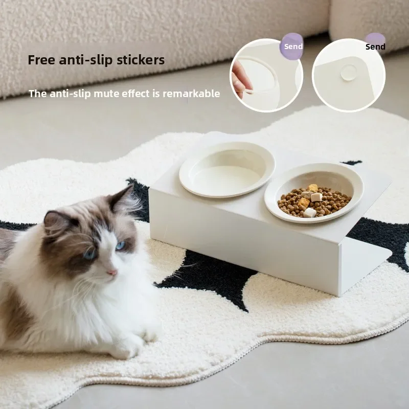 

Ceramic Oblique Double Bowl Plate, Pet Cat Bowl, High Foot Cervical Spine Protection, Anti-knock Drinking Cat and Dog Basin