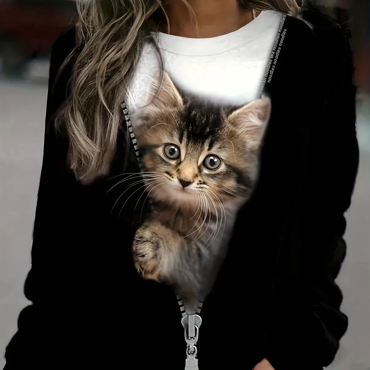 Pop Autumn Winter New Long Sleeve Round Neck Cat Pattern Sweatshirt Top 7016 Polyester Fiber Round Neck 3D Sound Decoration