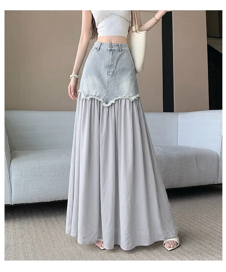 Women's Niche Design Denim Patchwork Midi Skirt Summer Thin Irregular Fringe High Waist Draped Bodycon Maxi Skirt
