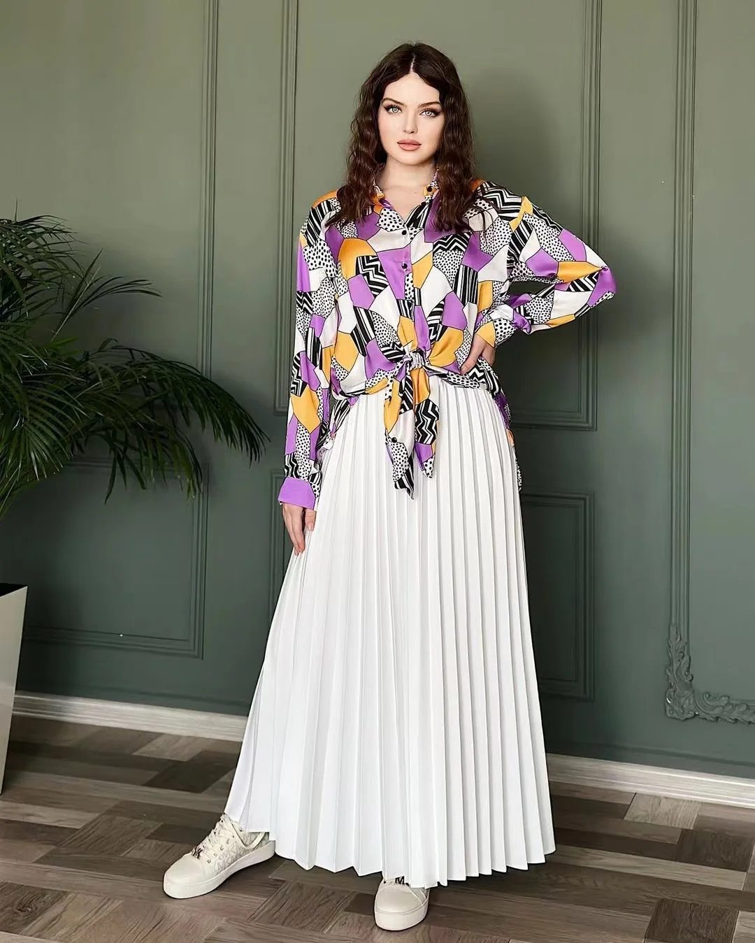 Printed irt Pleated Skirt Set Women's Faion Ensemble Autumn 2023 Gauze Fabric f-length Skirt Matching Top Set